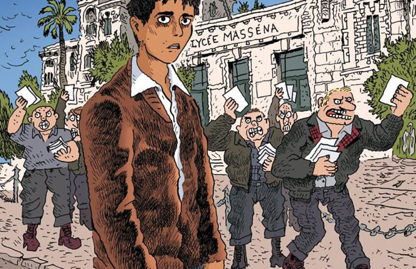 Comic - abgekämpfte, traurige Person im Vordergrund, im Hintergrund verteilen aggressive Männer Flugblätter